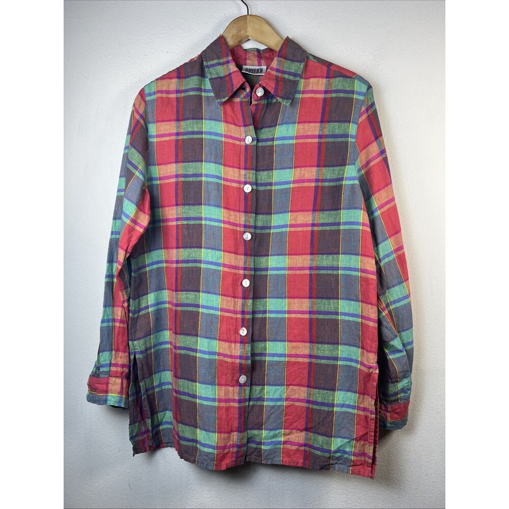 Chico's Women's 1 medium Button Down Long Sleeve Plaid 100% Linen Shirt - Picture 2 of 9